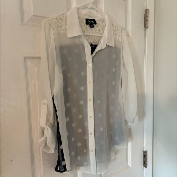 Sheer White Blouse Lace Yoke Polka Dot Back Button Front Roll Sleeve Top Women L - Picture 3 of 10